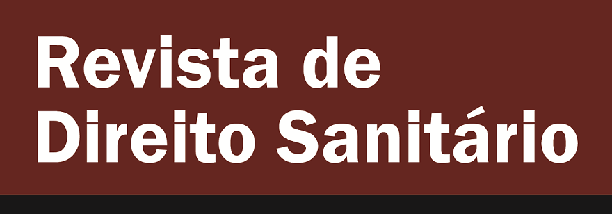 Logotipo da Revista de Direito Sanitário, retangular, fundo vermelho escuro, letras brancas